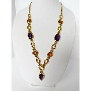 David Grau Gold Statement Necklace Purple & Amber Glass Cabochon Link Necklace